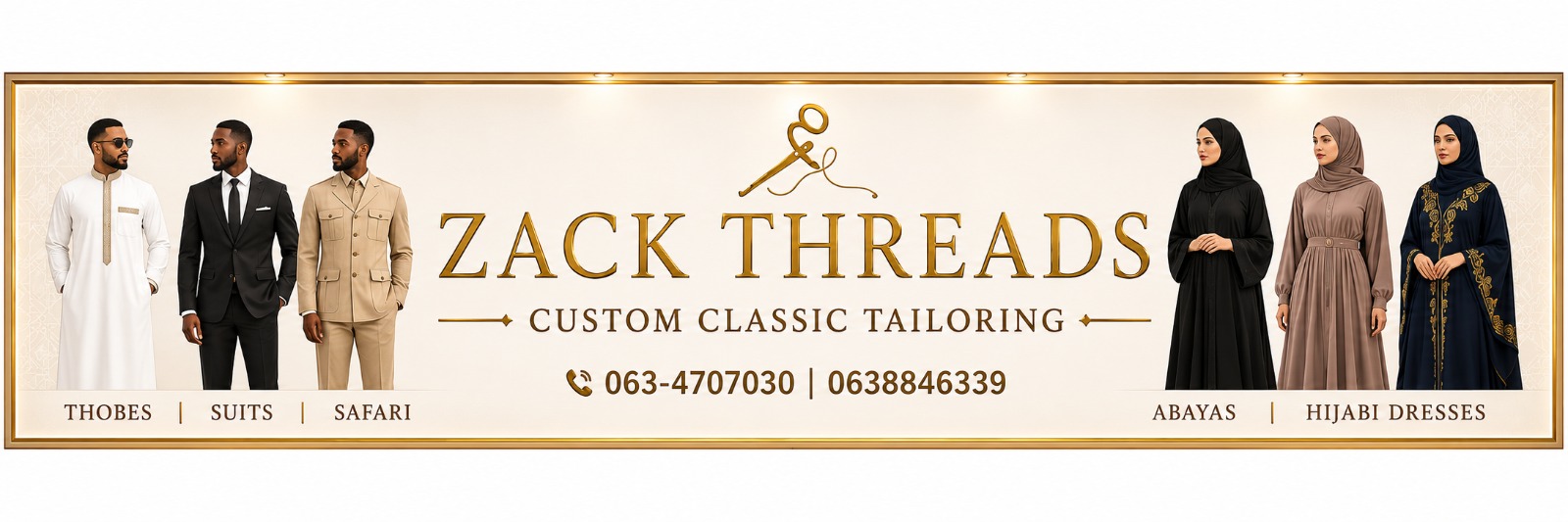 ZACK THREADS — Custom Classic Tailoring. Thobes, Suits, Safari, Abayas, Hijabi Dresses.