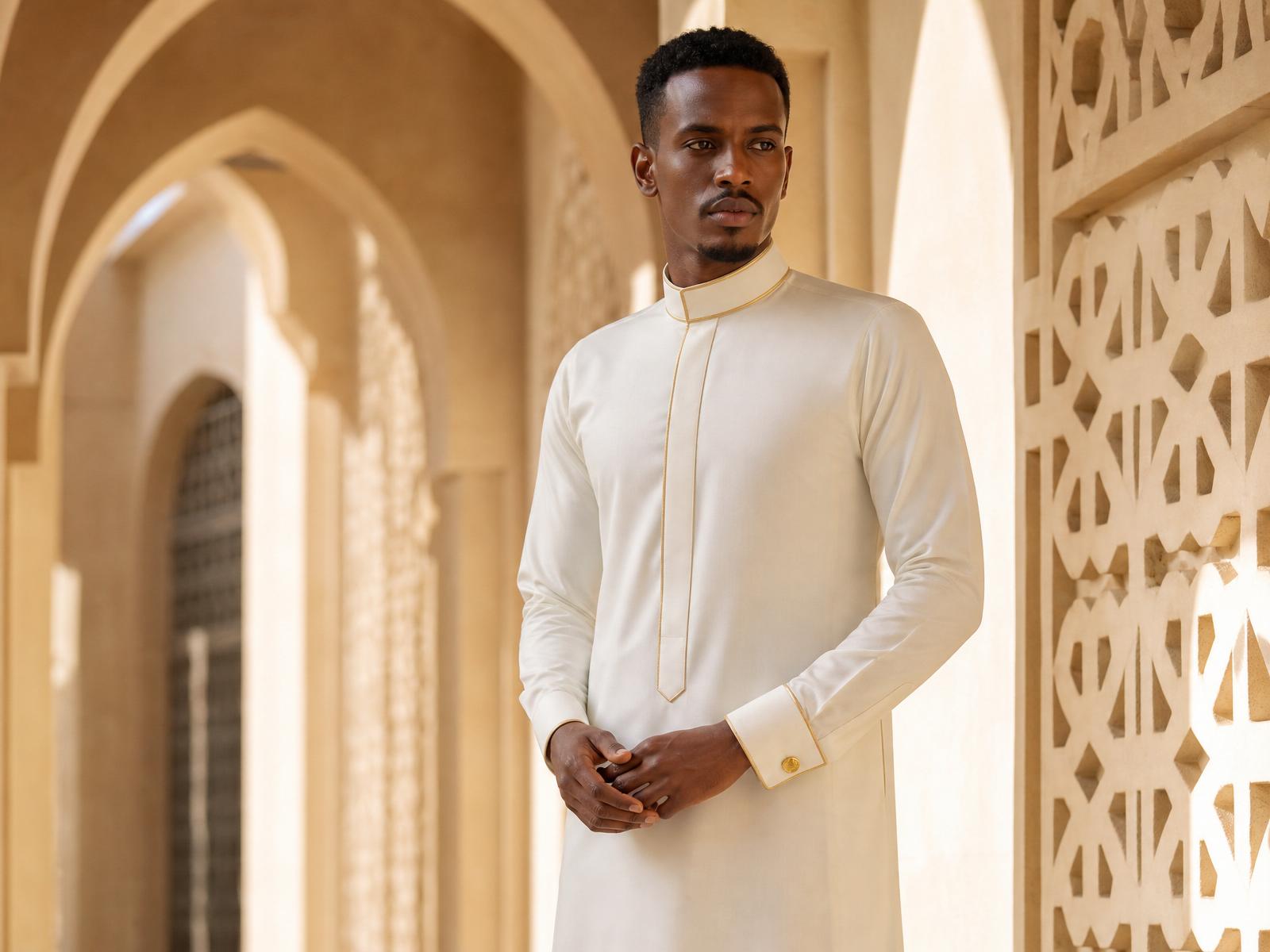 A very beautiful Somali gentleman in a smart, disciplined tailored ivory thobe with gold piping, standing in a sunlit Islamic arched corridor