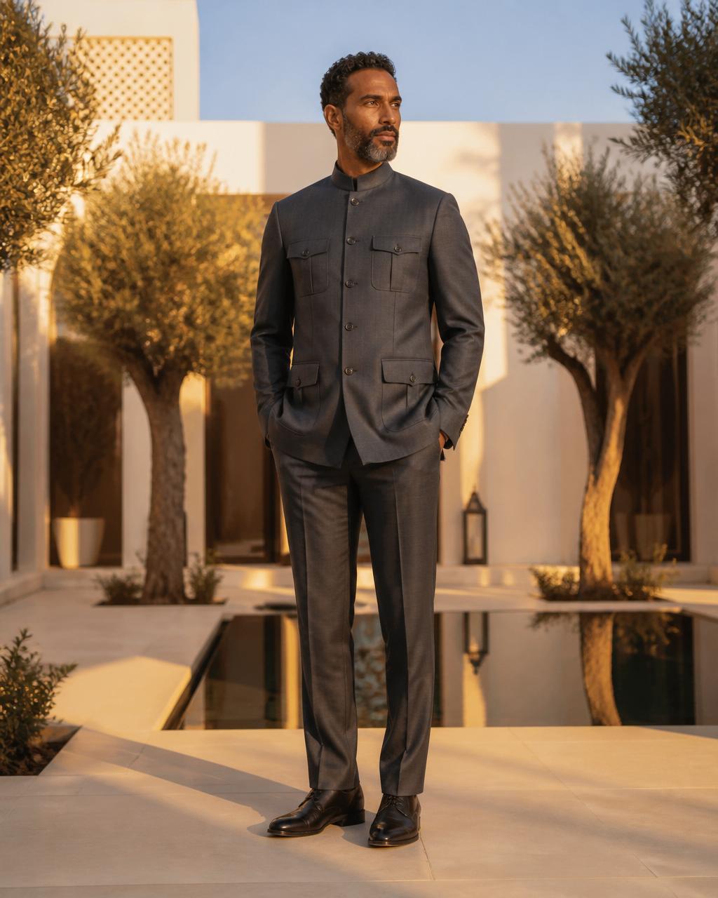 A Somali gentleman in a bespoke charcoal mandarin-collar safari suit