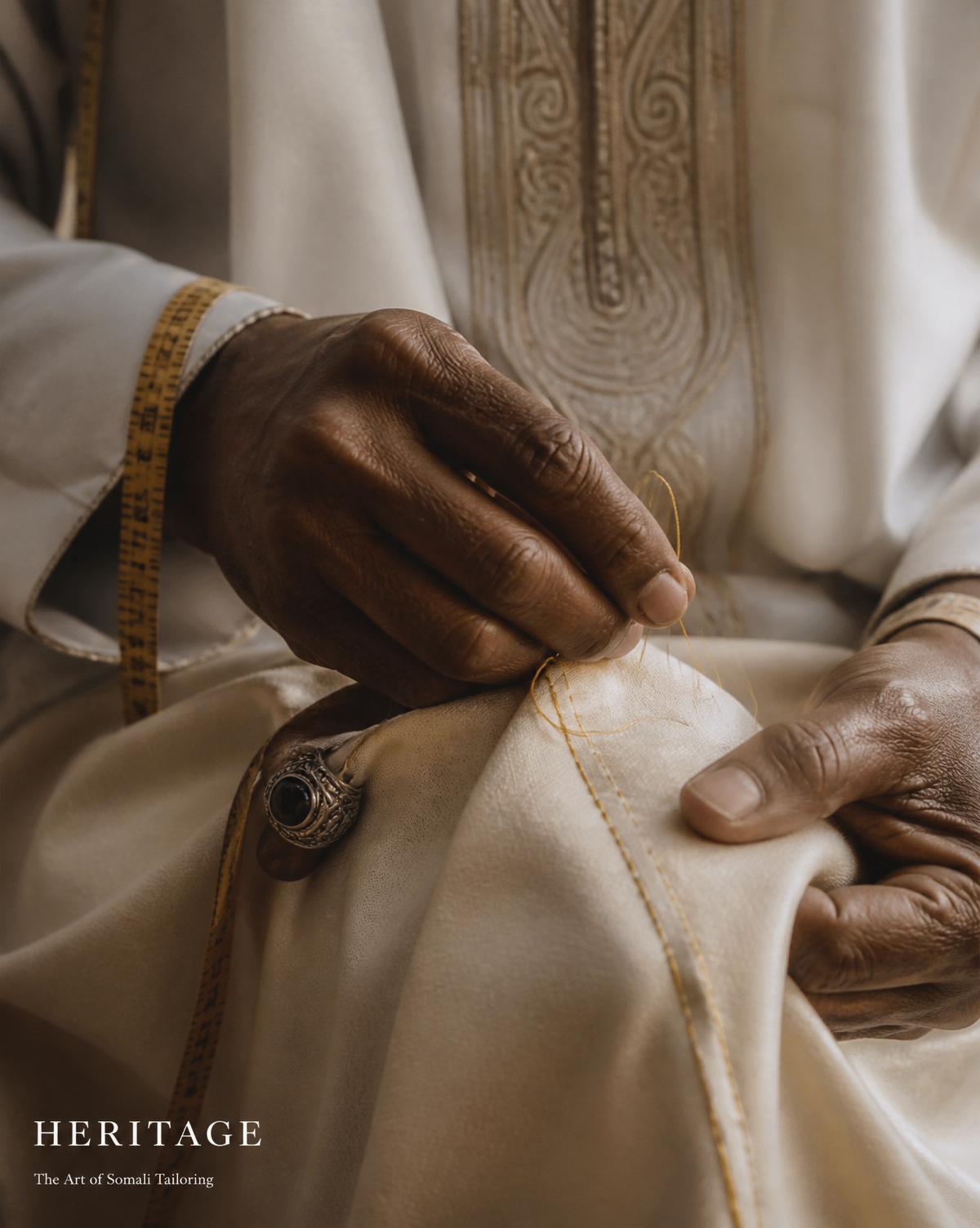 A master tailor stitching an ivory garment by hand