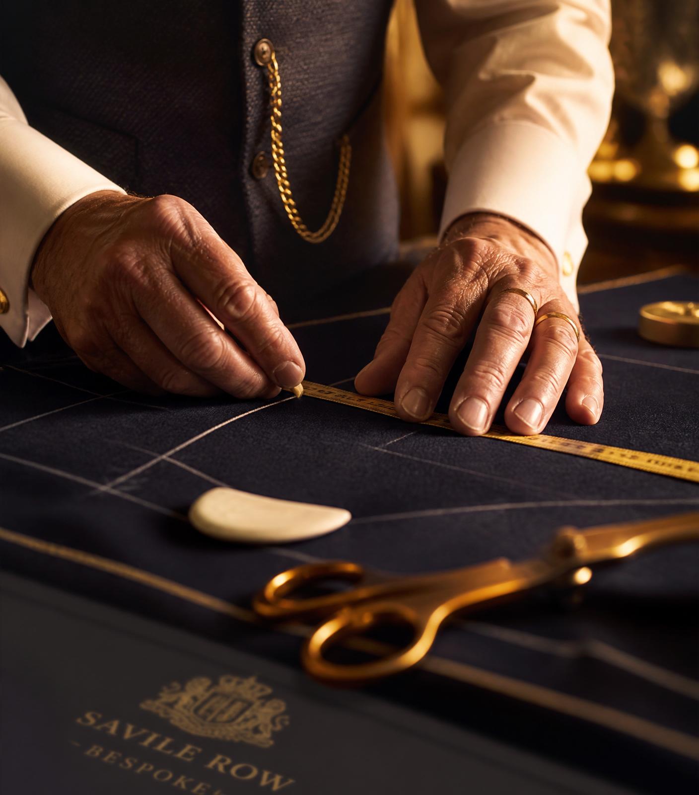 A master tailor measures navy wool with a gold measuring tape