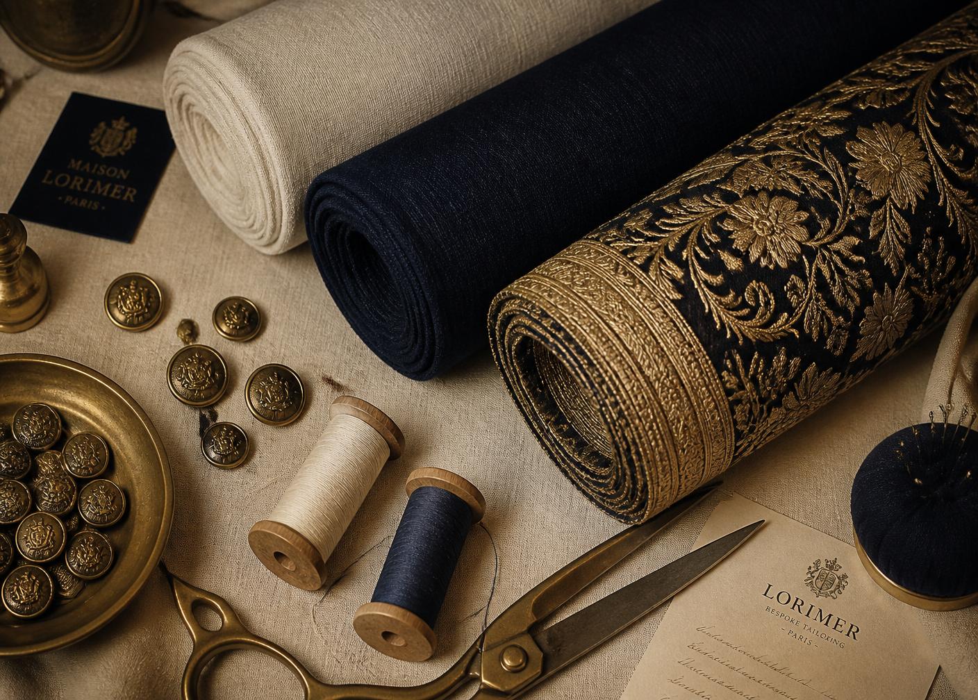 Rolled bolts of ivory, navy and gold-embroidered fabric with brass buttons