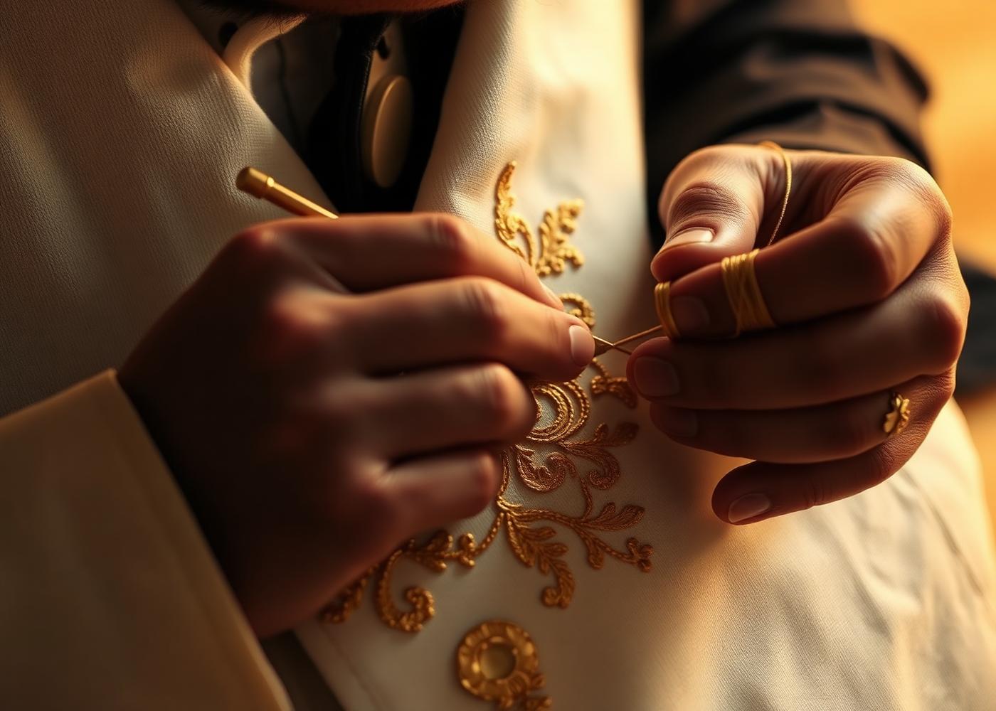 Tailor's hands hand-stitching gold arabesque embroidery onto an ivory thobe placket