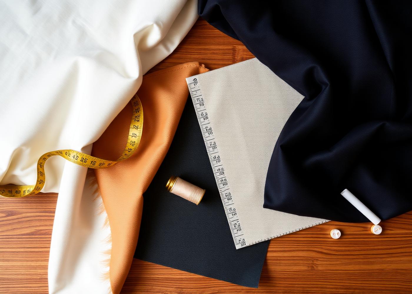 Flat-lay of ivory cotton, charcoal wool, tan linen and midnight silk on walnut with brass measuring tape