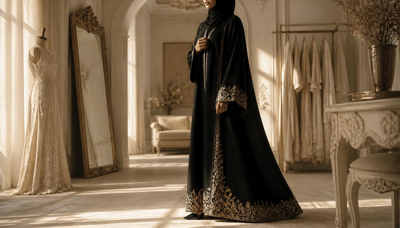 An elegant flowing black abaya with gold embroidered borders