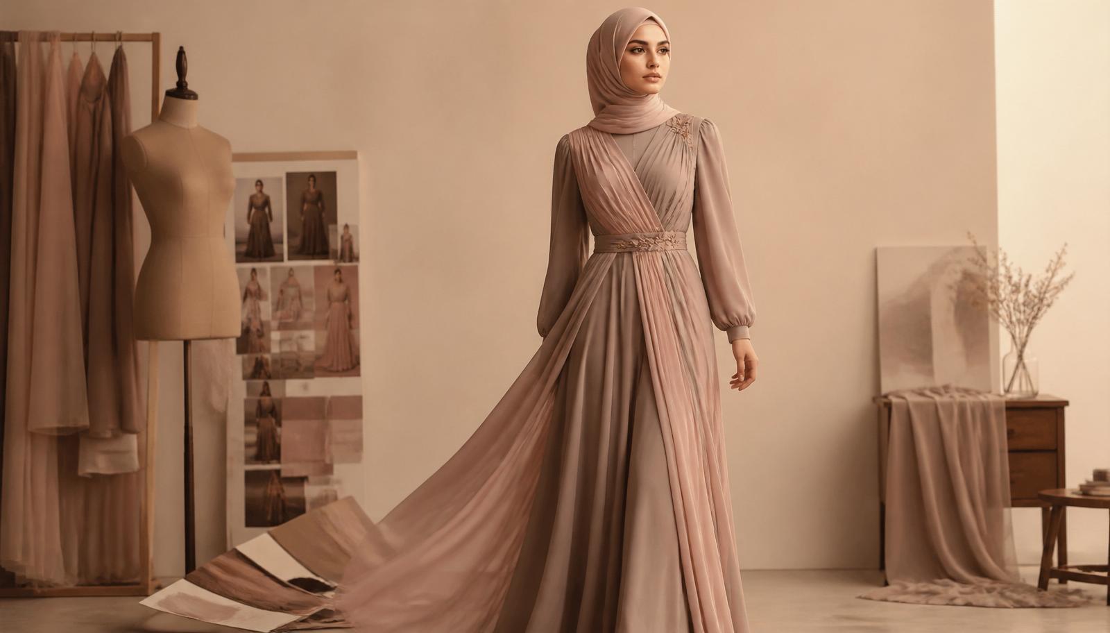 A modest rose-taupe hijabi dress with delicate draping