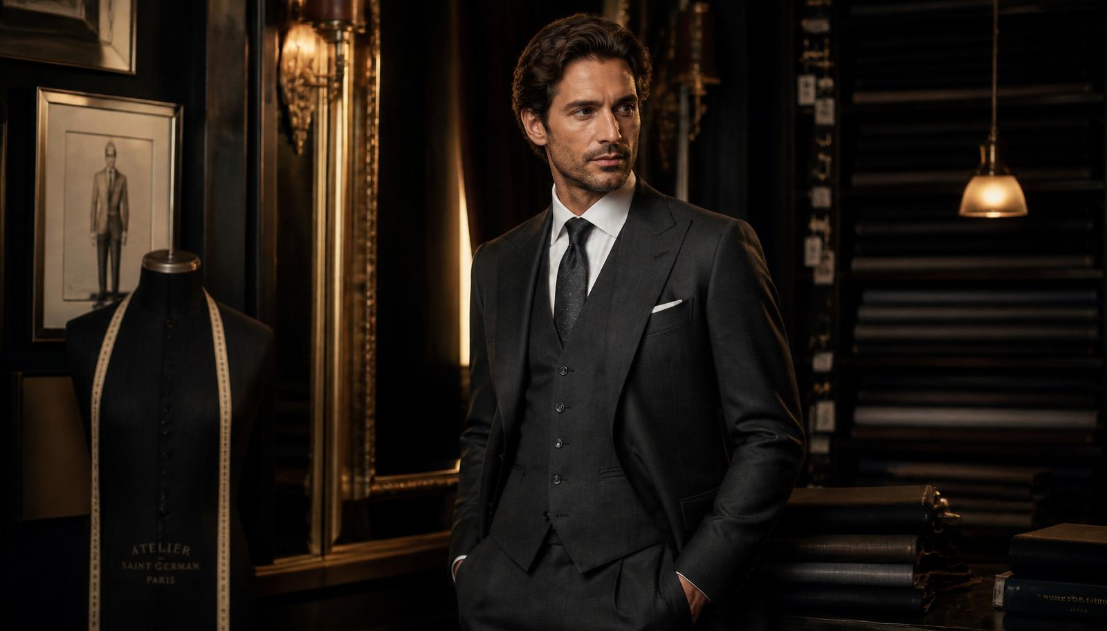 A charcoal three-piece suit displayed in a warm atelier
