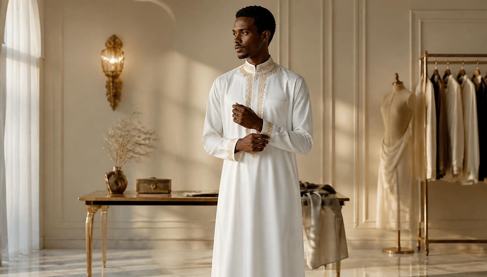 A refined ivory thobe with gold embroidery on the placket