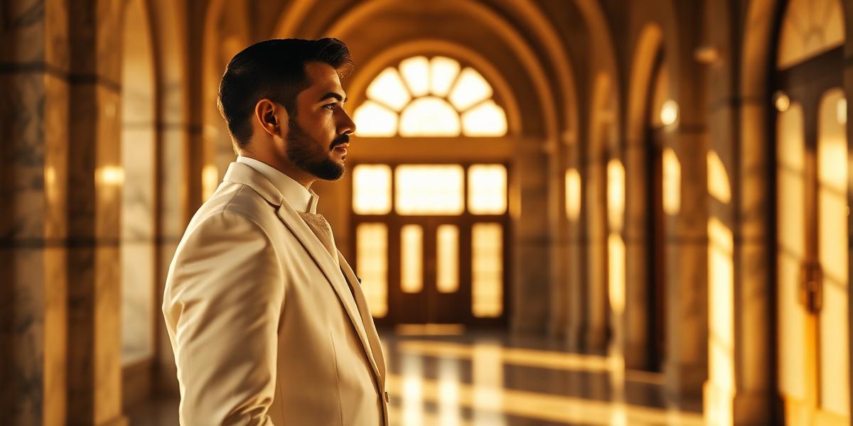 A groom in a cream thobe in a sunlit marble hallway