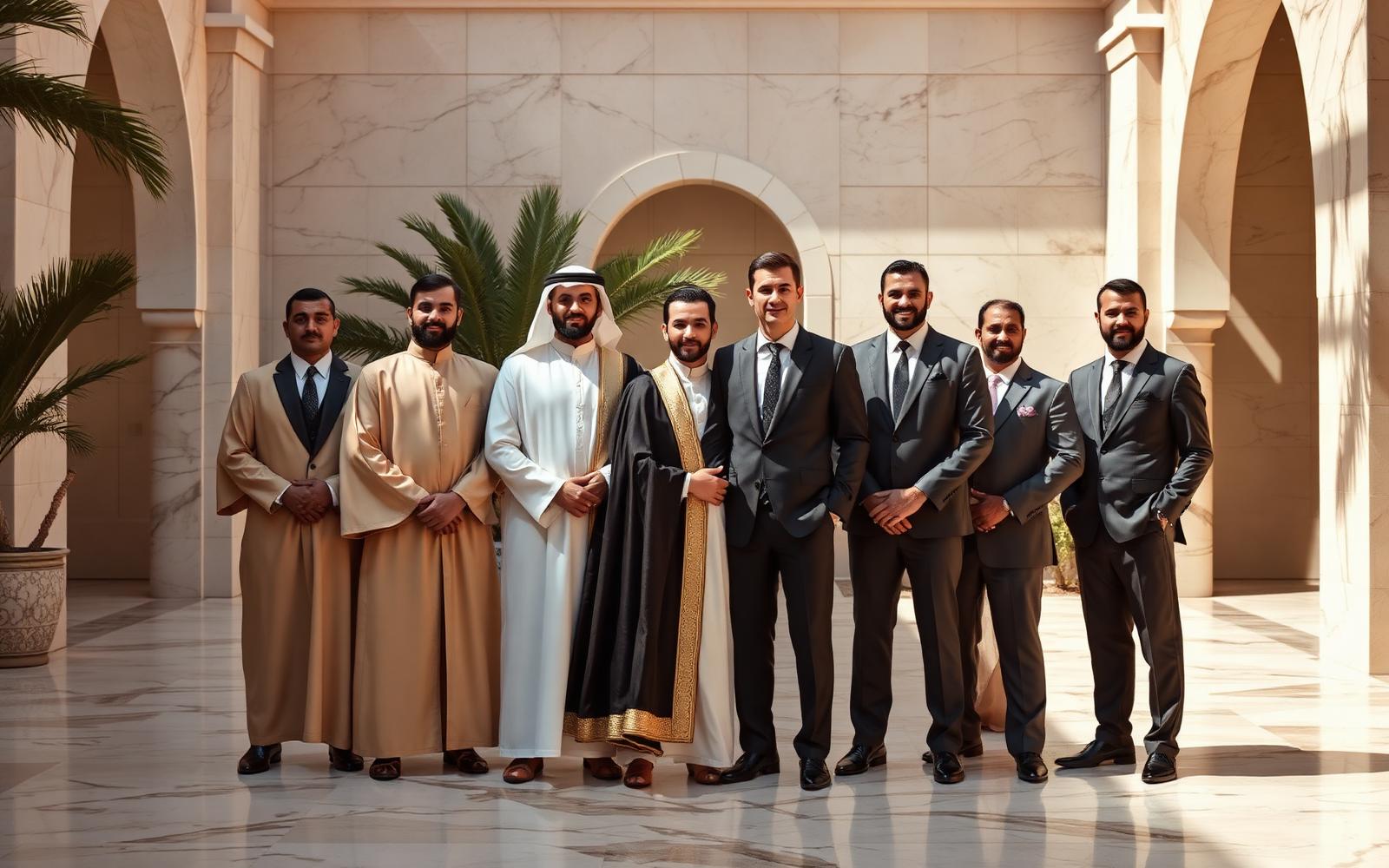 Groom and groomsmen lined in a marble courtyard, mixing traditional thobes and tailored charcoal suits