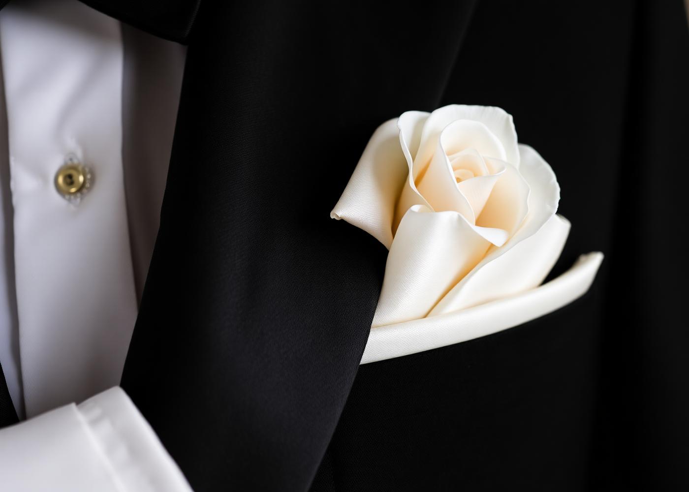Detail of a black tuxedo lapel with an ivory silk pocket square folded as a rose