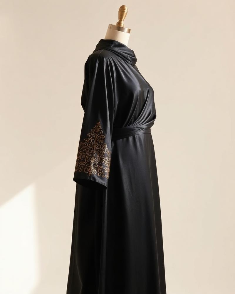 An elegant black silk abaya with gold thread embroidery